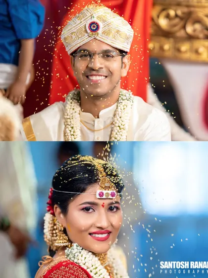 A diptych of the smiling bride and groom during the akshata (rice pouring) ceremony, a moment of pure happiness.