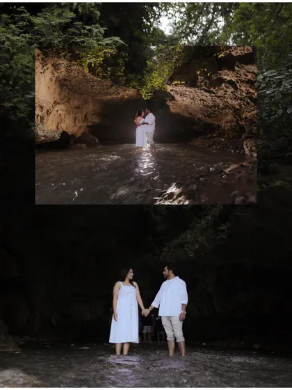 A creative pre-wedding photo inside a cave, with the couple holding hands. The unique location adds a sense of adventure and intimacy to their story.