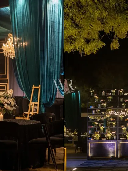 A split image showing two key features of the sangeet: a lounge area with teal velvet draping and a custom bar with a wall of candles, demonstrating our ability to create cohesive yet distinct zones within one event.