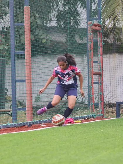 A powerful shot on goal from one of our players during the TGIF x She Kicks league. We encourage our players to be decisive and confident in the final third.