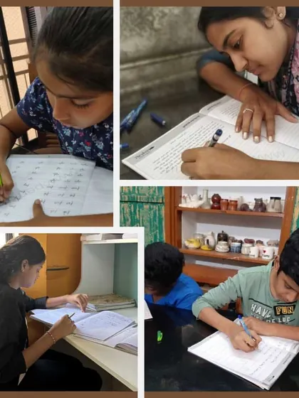 A collection of photos showing students concentrating on their work during our sessions. Each child is focused on their own notebook, practicing the techniques we learn together.
