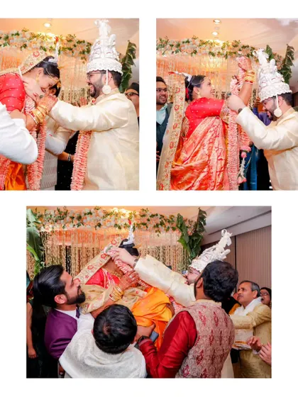 A collage showing the "saat paak" ritual, where the bride is lifted by her brothers and circles the groom. It captures the fun and tradition of a Bengali wedding.