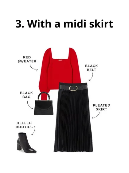 A red sweater looks incredibly chic when paired with a black pleated midi skirt and heeled booties. This is a great option for a holiday dinner or party.