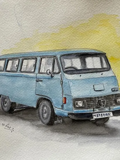 A watercolor tribute to the Bajaj Tempo Matador, a vehicle many of us remember from the 80s and 90s. This painting brings back fond memories of my school days, travelling in one of these iconic vans.