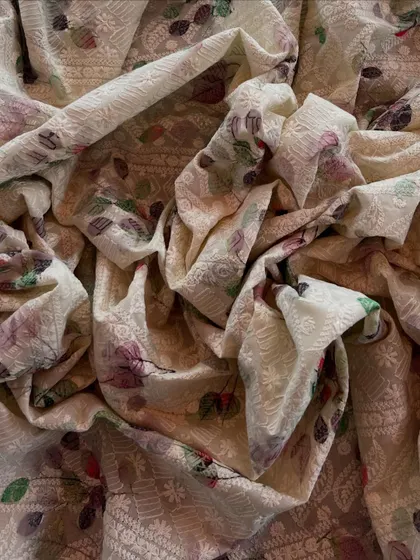 A full view of our embroidered cotton with a printed floral design, showcasing the beautiful interplay of texture and color.