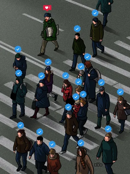 A modern critique of social media validation. In a crowd of people with blue verification checkmarks, the artist walks with a single red "like" heart, questioning the nature of true value versus perceived online status.