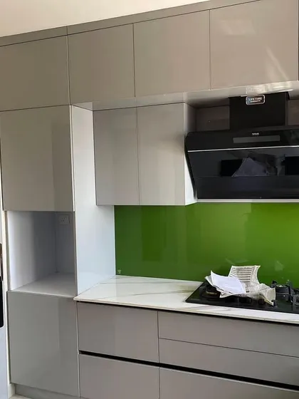 A closer view of the grey and green kitchen, showing the built-in oven niche within the tall unit and the sleek, handleless design of the cabinets.