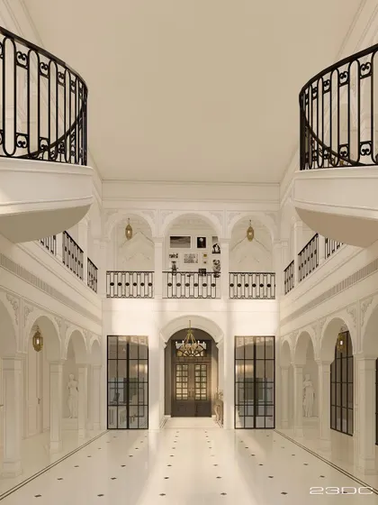 A symmetrical view of the grand hall, with curved balconies overlooking the main floor. The design is a modern interpretation of a classical palace, using clean lines and a monochrome palette to achieve a sense of timeless grandeur.