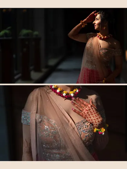 A dramatic bridal portrait using sunlight and shadows. The bride looks towards the light, creating a hopeful and artistic image, while another shot details her floral jewelry.
