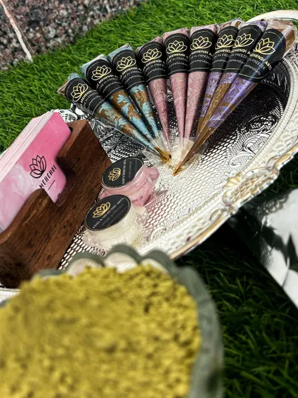 My handmade organic henna cones, ready for use. I also offer these for sale, perfect for students who want to practice with professional grade cones or for artists looking for a reliable supply.