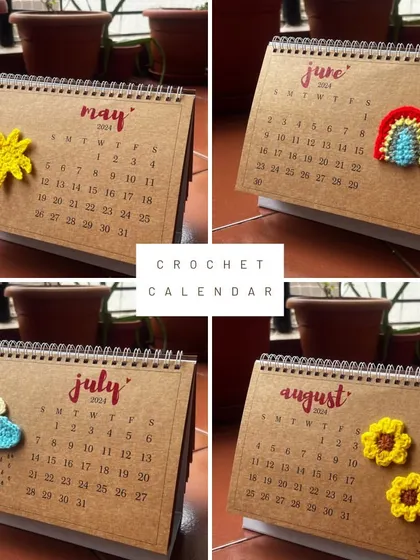 The middle months of the year, from May to August, feature a sun, a rainbow, clouds, and sunflowers on my handmade desk calendar.