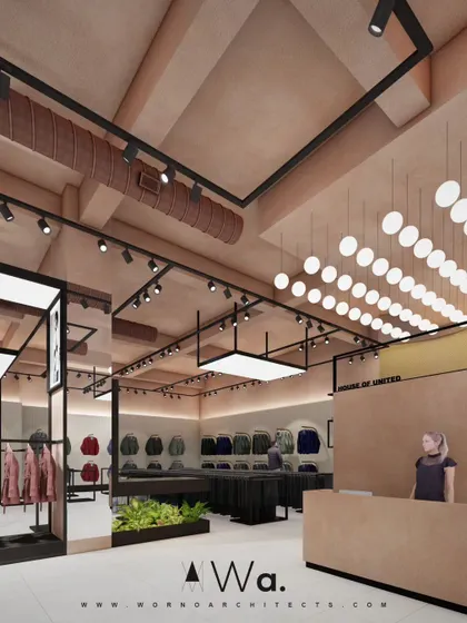 A render showing the lighting design for the store, with a mix of spotlights, light panels, and decorative pendant lights. The layered lighting scheme is crucial for highlighting products and setting the right mood.