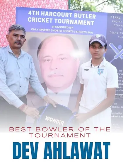Dev Ahlawat receiving the 'Best Bowler of the Tournament' award. His 7-wicket haul in the final was a game-changer.