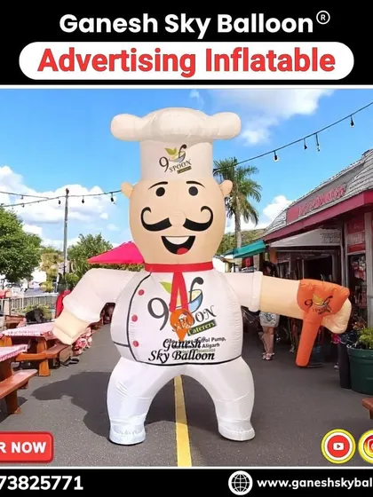 This standing inflatable chef mascot was designed for a restaurant to attract customers. Unlike walking costumes, these are perfect for placing at an entrance to create a welcoming and memorable landmark.