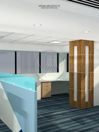 A 3D render of the office interior for Patton House in Koramangala. The design uses a cool blue and white color scheme with wood accents to create a professional and modern workspace.