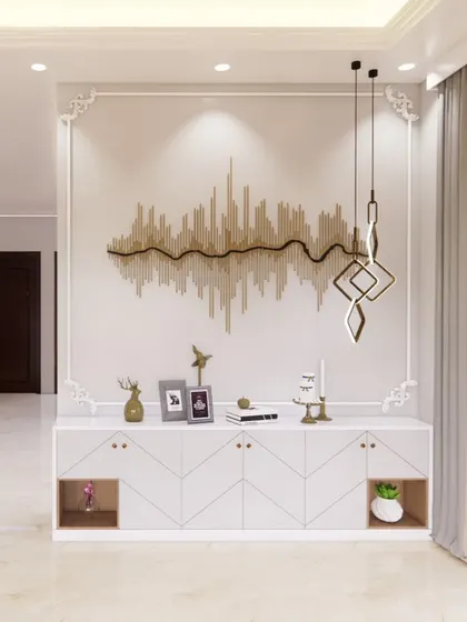 A 3D render of an elegant entryway, featuring a stylish console table, unique wall art, and pendant lighting that creates a welcoming first impression.