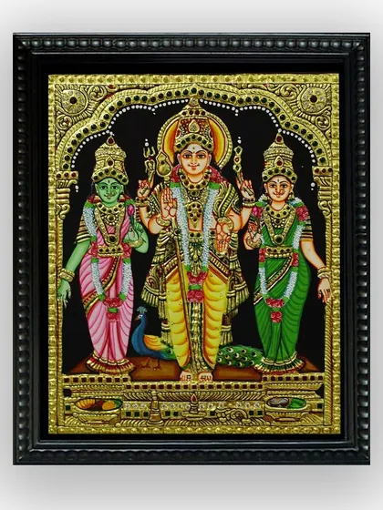 The framed Murugan with Valli and Devayani painting. This piece is a beautiful representation of divine love and harmony, ready to bring blessings to any home.