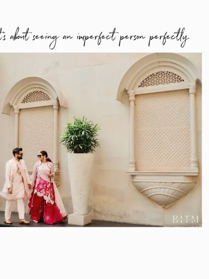 A stylish couple portrait from a Haldi carnival in Jaipur. The architecture and their coordinated outfits create a modern yet traditional look.
