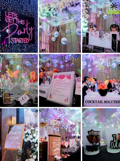 It's all in the details. For this cocktail party, we designed a custom bar with quirky signage, disco balls, and personalized glass tags to create a fun and immersive experience.