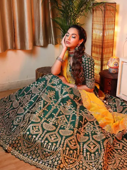A full-length shot showing how the makeup, hair, and colorful outfit work together.