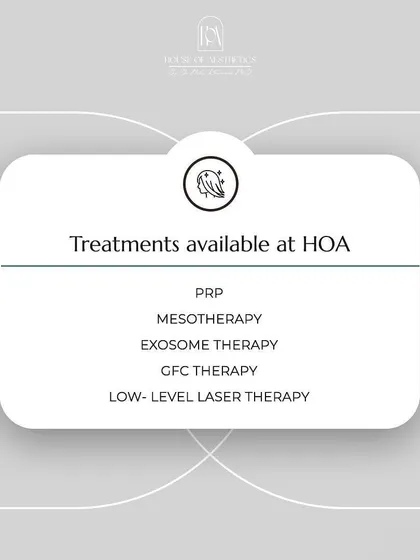 At my clinic, I offer a range of advanced hair loss treatments. These include PRP, Mesotherapy, Exosome Therapy, GFC Therapy, and Low-Level Laser Therapy, all tailored to your specific diagnosis.