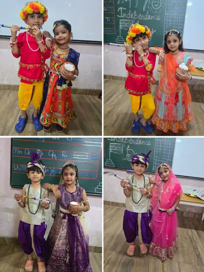 Our little Krishnas and Radhas pose for a photo, dressed in beautiful costumes for the Janmashtami celebration. These activities help children connect with our cultural stories.