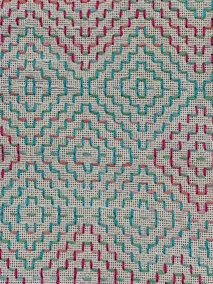 A detail of the counted-thread embroidery on the pouch. The repeating diamond pattern is meditative to stitch and lovely to look at.