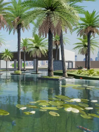 Visualization for an event center, where pavilions are scattered amongst palm trees and a large water lily pond.