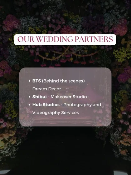 A graphic listing our core wedding partners: Behind The Scenes for decor, Shibui for makeovers, and Hub Studios for photography.
