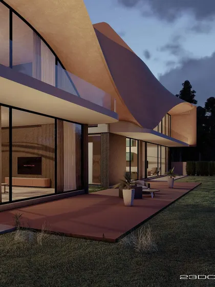 The rear view of the Gemini House concept, where a fluid roofline drapes over the two levels. The expansive deck and lawn create a seamless connection to the outdoors, perfect for a modern, nature-integrated lifestyle.