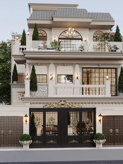 A closer look at the details of our neoclassical mansion design. The combination of grand columns, arched windows, and ornate railings creates a sense of luxury and timelessness that defines this architectural style.