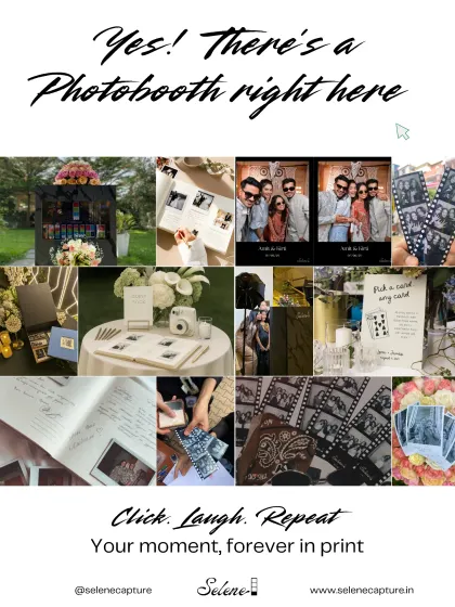 Click. Laugh. Repeat. This is the core of the Selene experience. A collage showing everything from the booth setup and custom prints to the laughter-filled moments and the treasured Forever Books that hold it all together.