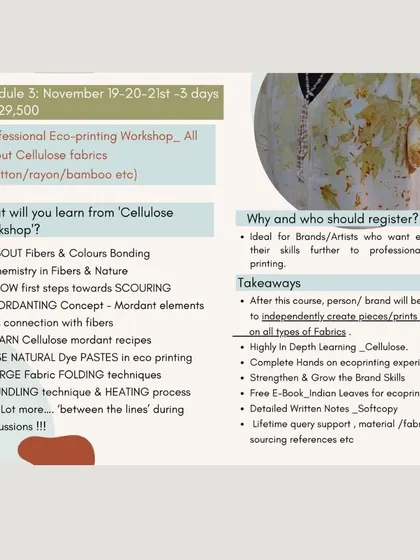 An informational graphic for our professional eco-printing workshop. This 3-day module covers the chemistry of fibers, mordanting recipes, and large fabric folding techniques for cellulose fabrics.