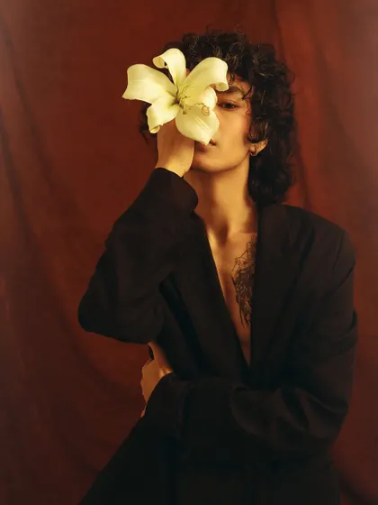 A full-look shot from the "Ophelia's Flower" series, combining a classic blazer with a soft, artistic concept.