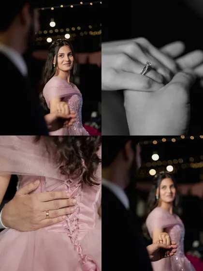 A collage of intimate moments from an engagement dance, showing the couple holding hands and close-ups of their rings.