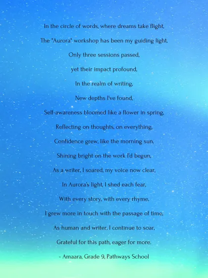 A beautiful poem written by a 9th-grade student reflecting on her experience in the 'Aurora' writing retreat. Her words about growing self-awareness and confidence are a testament to the transformative power of our work.