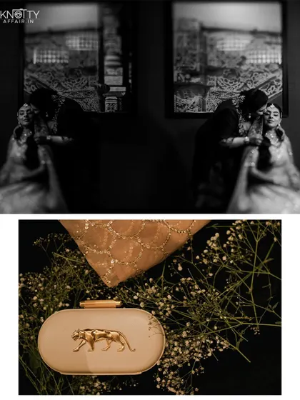 A creative black and white portrait using reflections to create a layered, intriguing image of the couple.