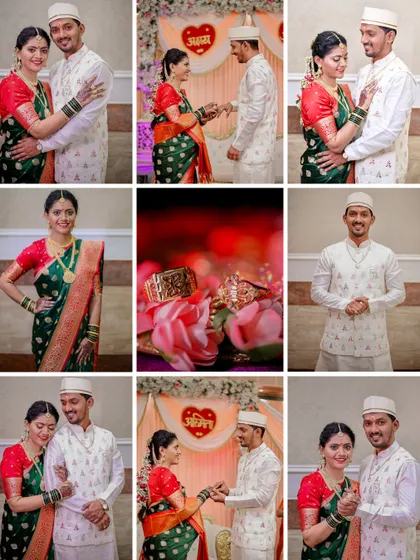 A nine-photo collage capturing the key moments of a traditional Maharashtrian engagement ceremony.