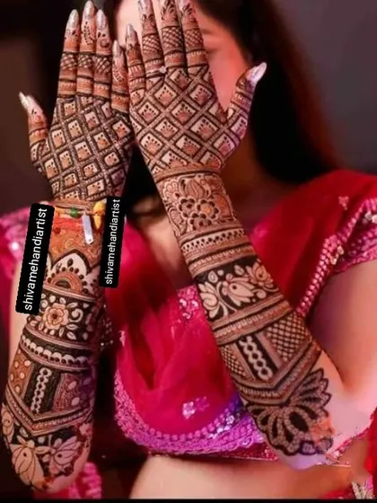 A beautiful pattern-based design for the back of the hands, featuring a mix of floral motifs and geometric grids.