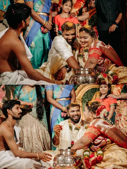 A collage showing the fun and interactive rituals of Anjan and Swetha's wedding, filled with smiles and laughter.