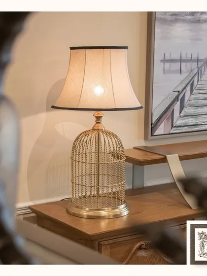 I designed this table lamp to be a piece of art. The golden birdcage base is a whimsical and elegant design choice, casting a warm and radiant glow that adds character to any room.