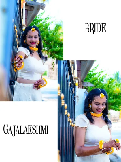 A collage of the bride, Gajalakshmi, looking radiant and happy before her Haldi ceremony begins.