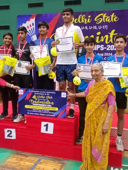 The boys' team celebrating their victories at the Delhi State Championships. Their success spans across Under 9, Under 15, and Under 17 age groups.