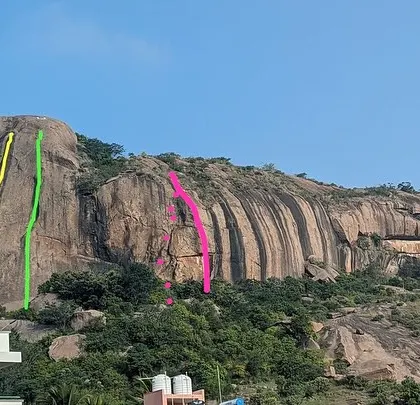 An overlay showing the lines of the new routes on Mahout Rock. This helps climbers visualize the climbs and plan their day.