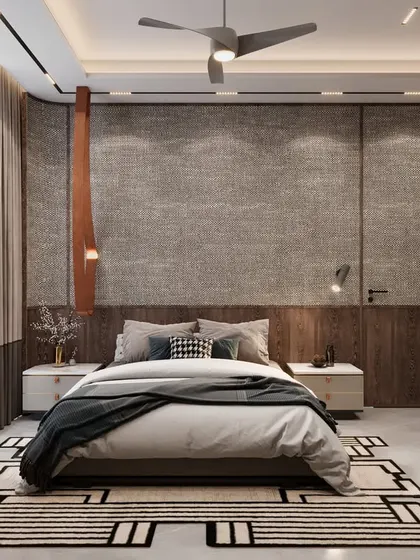 A render for a parent's room at Amaryllis, using a monochromatic theme with fabric wallpaper for a peaceful and classy vibe. The design focuses on creating a calm and stylish retreat.
