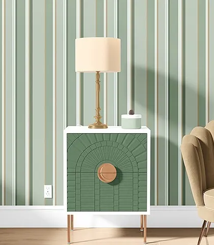 This wallpaper features a bold, vertical stripe pattern in shades of green. It's a perfect example of how a simple geometric design can add a fresh and modern feel to a room.