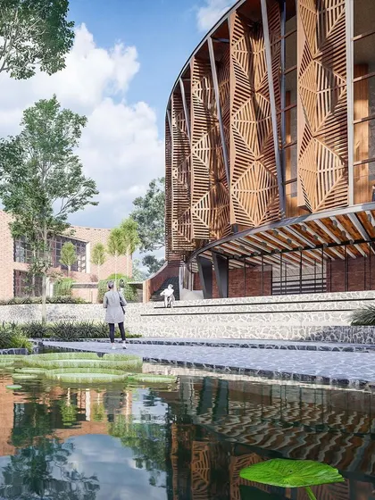 Renderings and concepts for our Centre for Excellence competition entry, envisioning a future-focused design with a dynamic wooden facade, water bodies, and public plazas.
