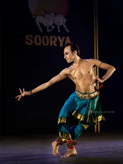 A powerful pose from a solo performance at the Soorya Festival. The traditional costume and precise posture are integral to the Thanjavur bani, or style, that I practice and present.