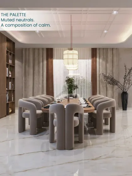 The palette for this dining room is a composition of calm, muted neutrals, allowing the forms and textures of the furniture to stand out.