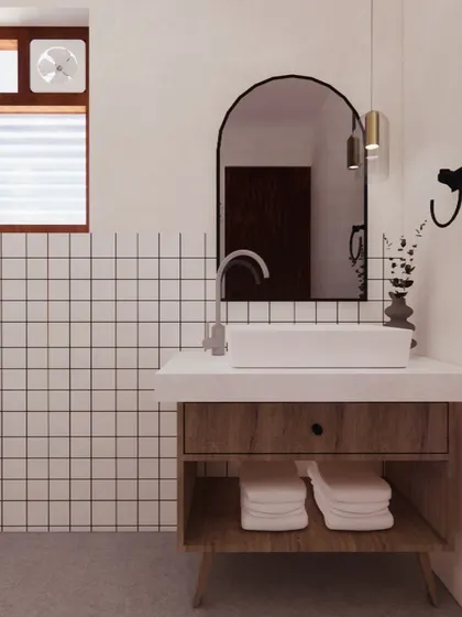 This bathroom follows the Japandi principle of clean lines and natural materials. I used a simple grid of white tiles, a wooden vanity, and an arched mirror to create a space that is functional, bright, and serene.